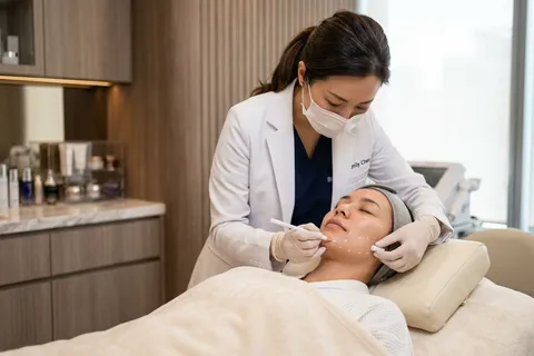 Dermatologista realizando marcação de pontos faciais para procedimento de preenchimento