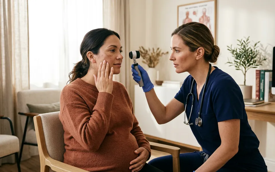 Gestante em consulta dermatológica para avaliação de manchas na pele