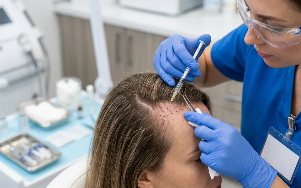 Dermatologista realizando mesoterapia capilar com microinjeções no couro cabeludo