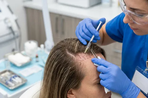 Dermatologista realizando mesoterapia capilar com microinjeções no couro cabeludo