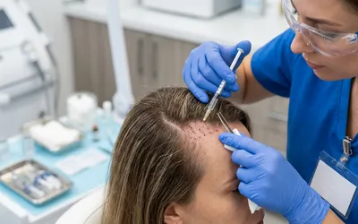 Dermatologista realizando mesoterapia capilar com microinjeções no couro cabeludo