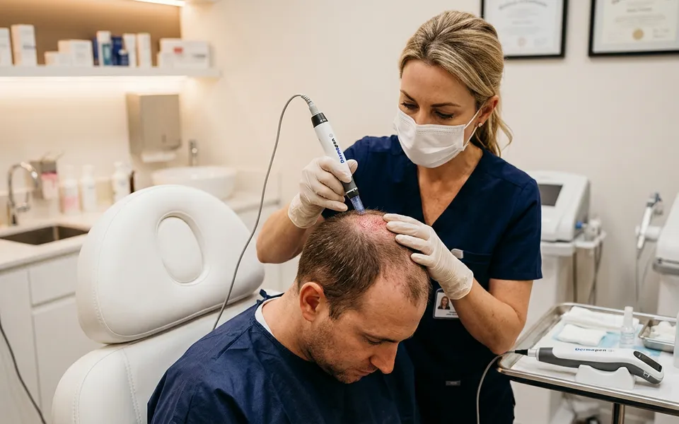 Dermatologista realizando procedimento de microagulhamento no couro cabeludo de paciente