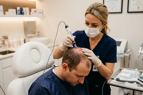 Dermatologista realizando procedimento de microagulhamento no couro cabeludo de paciente