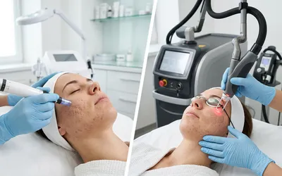 Antes e depois conceitual de tratamento de cicatrizes de acne em clínica dermatológica