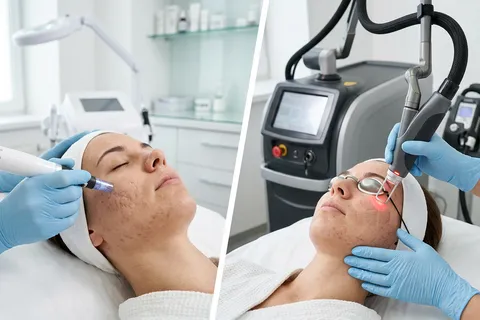 Antes e depois conceitual de tratamento de cicatrizes de acne em clínica dermatológica