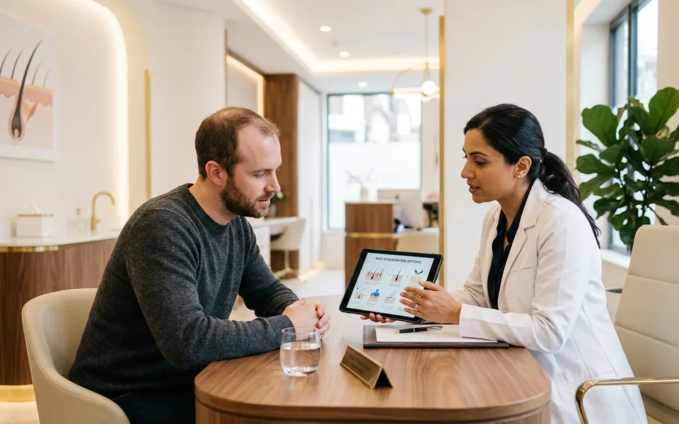 Paciente em consulta dermatológica para tratamento capilar