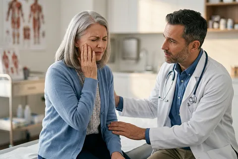 Paciente tocando o rosto com expressão de dor intensa em consulta médica