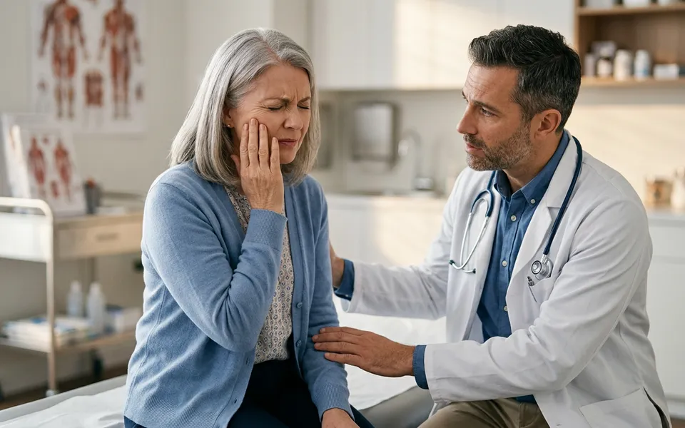 Paciente tocando o rosto com expressão de dor intensa em consulta médica