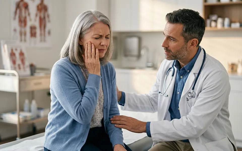 Paciente tocando o rosto com expressão de dor intensa em consulta médica