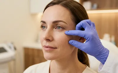 Close-up de região periocular de paciente durante avaliação dermatológica