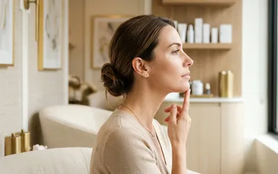 Perfil de paciente mostrando região do queixo e pescoço em consultório dermatológico