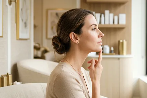 Perfil de paciente mostrando região do queixo e pescoço em consultório dermatológico