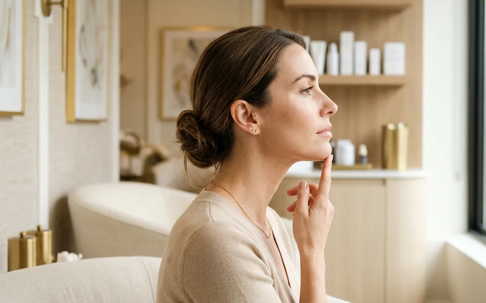 Perfil de paciente mostrando região do queixo e pescoço em consultório dermatológico