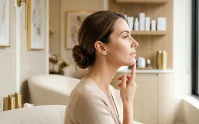 Perfil de paciente mostrando região do queixo e pescoço em consultório dermatológico