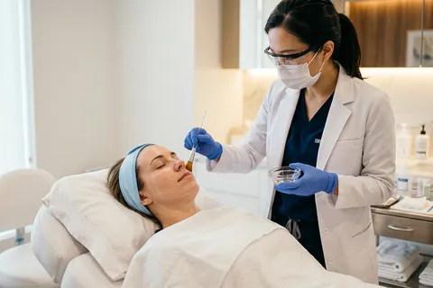 Dermatologista aplicando peeling químico no rosto de paciente em consultório