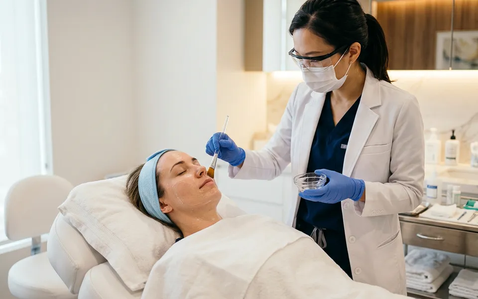 Dermatologista aplicando peeling químico no rosto de paciente em consultório