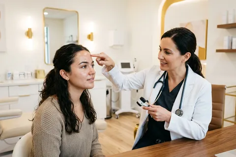 Dermatologista avaliando pele de paciente jovem durante consulta para tratamento de acne