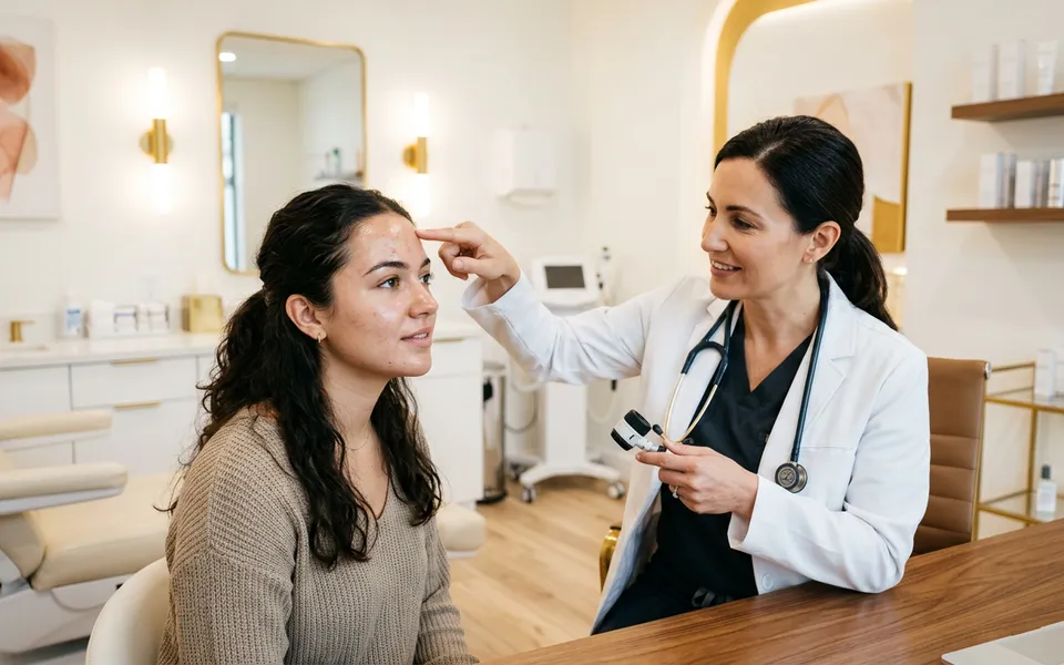 Dermatologista avaliando pele de paciente jovem durante consulta para tratamento de acne