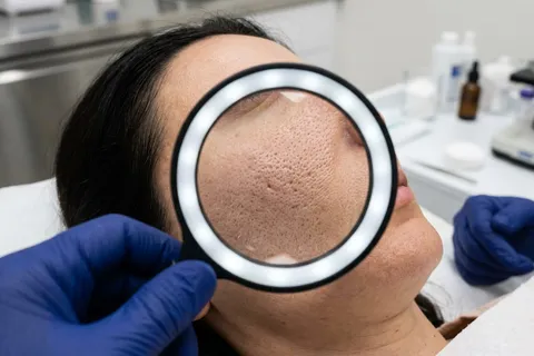 Close-up de pele facial sendo avaliada com lupa dermatológica para tratamento de poros