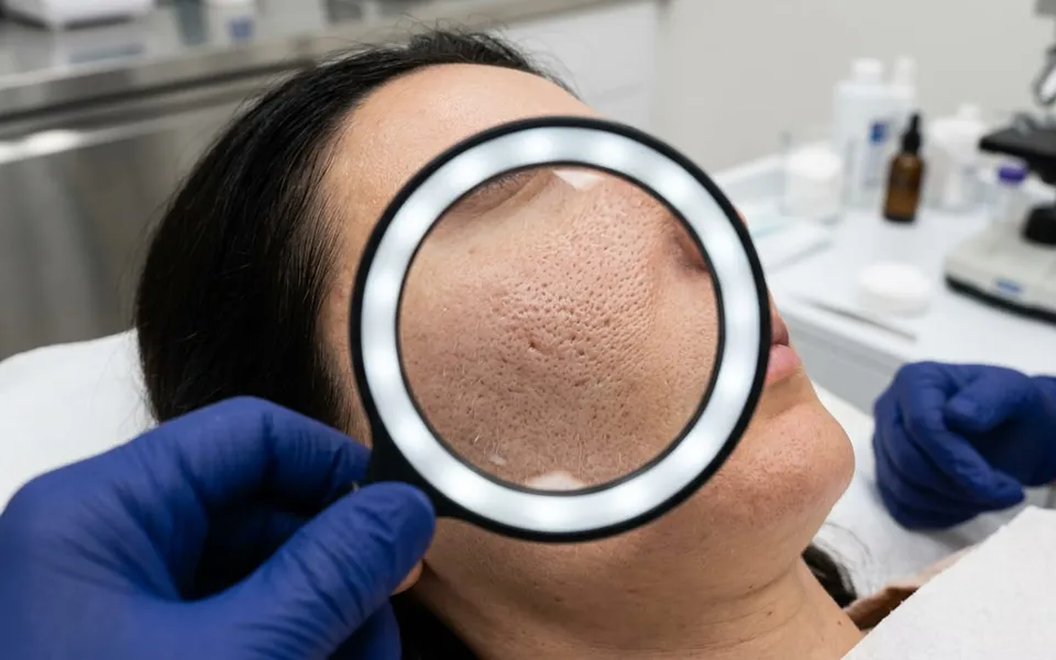 Close-up de pele facial sendo avaliada com lupa dermatológica para tratamento de poros