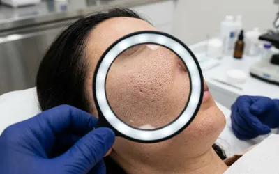 Close-up de pele facial sendo avaliada com lupa dermatológica para tratamento de poros