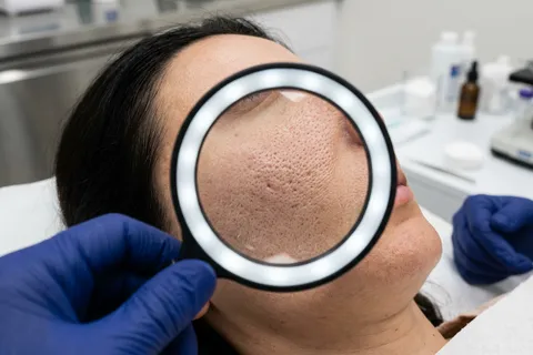 Close-up de pele facial sendo avaliada com lupa dermatológica para tratamento de poros
