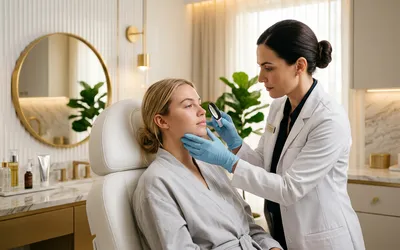 Dermatologista realizando avaliação facial em paciente para procedimento de preenchimento labial