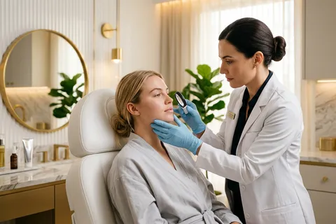 Dermatologista realizando avaliação facial em paciente para procedimento de preenchimento labial