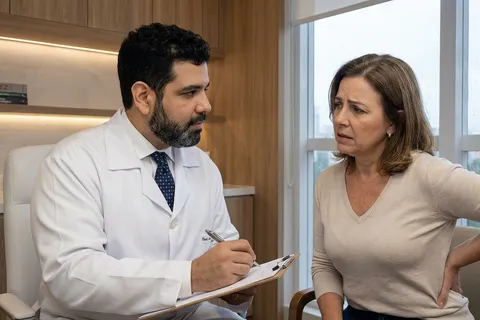 Paciente descrevendo dor persistente para especialista em consulta