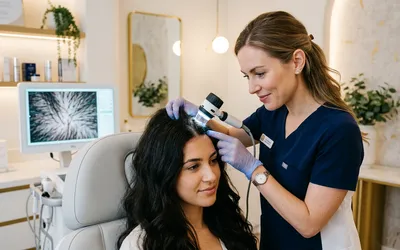 Dermatologista realizando avaliação do couro cabeludo de paciente feminina na AVA Clínica