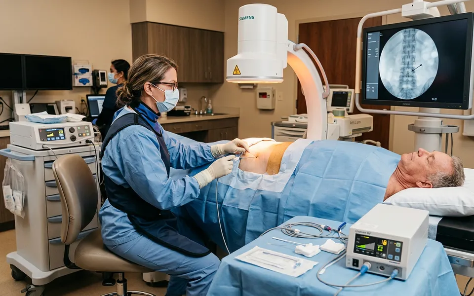Médico realizando procedimento de radiofrequência guiado por imagem para tratamento de dor
