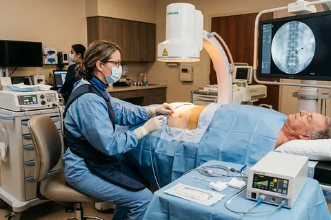 Médico realizando procedimento de radiofrequência guiado por imagem para tratamento de dor