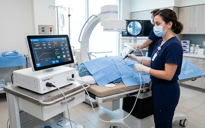 Equipamento de radiofrequência em sala de procedimentos de medicina da dor