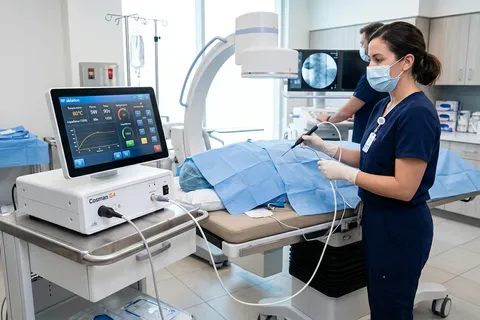 Equipamento de radiofrequência em sala de procedimentos de medicina da dor