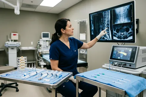 Médico avaliando exames de imagem para definir procedimento de dor crônica