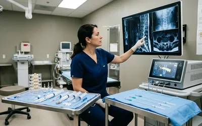 Médico avaliando exames de imagem para definir procedimento de dor crônica