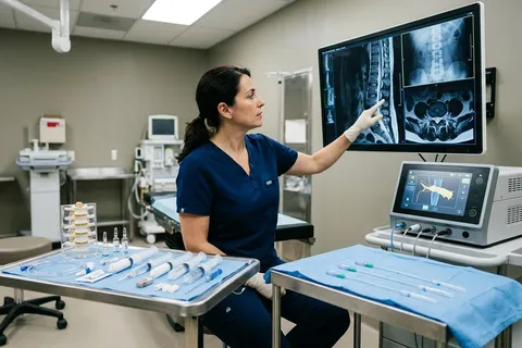 Médico avaliando exames de imagem para definir procedimento de dor crônica