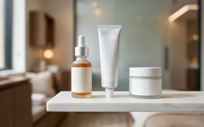 Produtos dermatológicos com retinol sobre bancada de consultório médico
