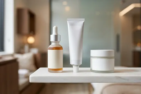 Produtos dermatológicos com retinol sobre bancada de consultório médico