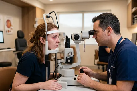 Paciente em consulta oftalmológica para avaliação de rosácea ocular