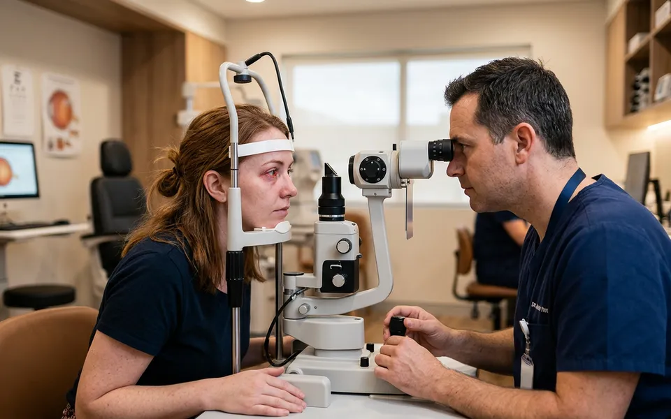 Paciente em consulta oftalmológica para avaliação de rosácea ocular