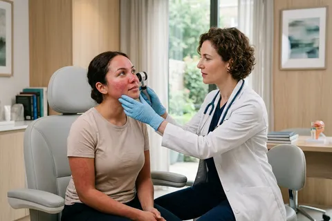 Paciente em consulta dermatológica para avaliação de vermelhidão facial