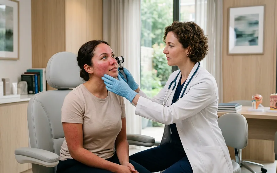 Paciente em consulta dermatológica para avaliação de vermelhidão facial