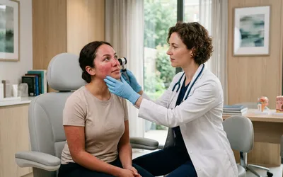 Paciente em consulta dermatológica para avaliação de vermelhidão facial