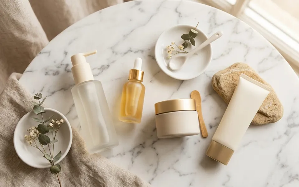 Produtos de skincare organizados em bancada de consultório dermatológico com iluminação suave