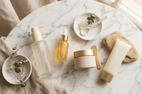 Produtos de skincare organizados em bancada de consultório dermatológico com iluminação suave