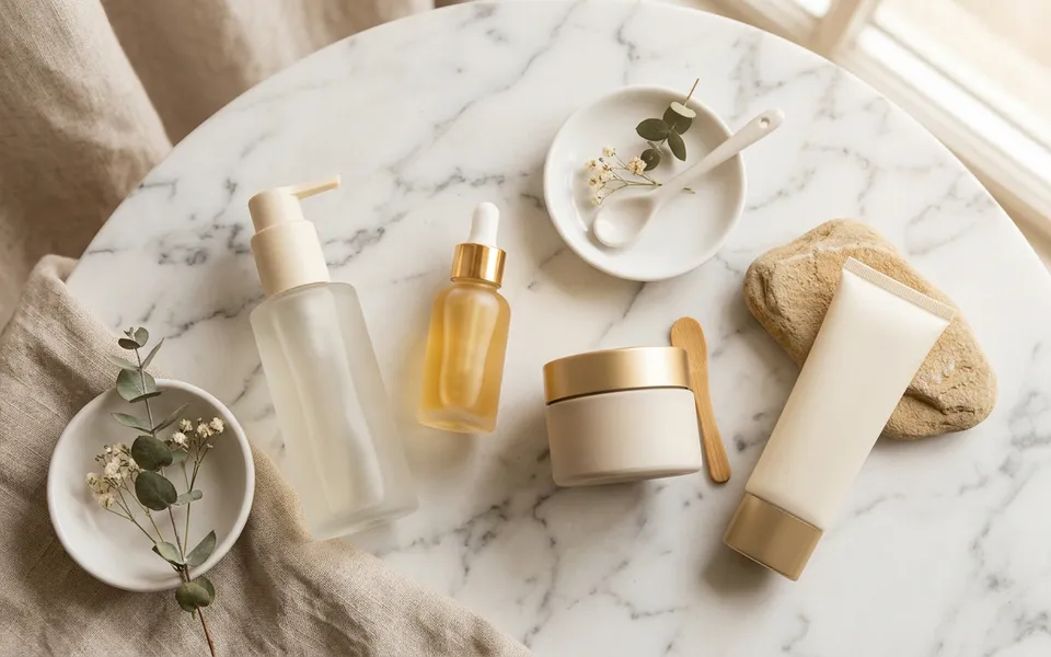 Produtos de skincare organizados em bancada de consultório dermatológico com iluminação suave