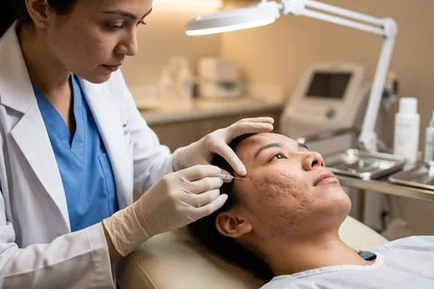 Dermatologista avaliando cicatrizes de acne em paciente para procedimento de subcisão