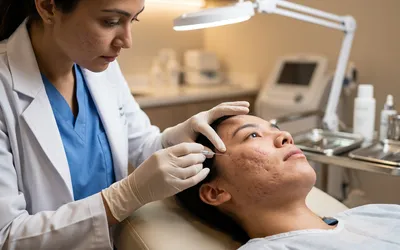 Dermatologista avaliando cicatrizes de acne em paciente para procedimento de subcisão