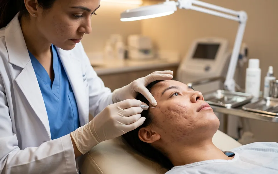 Dermatologista avaliando cicatrizes de acne em paciente para procedimento de subcisão